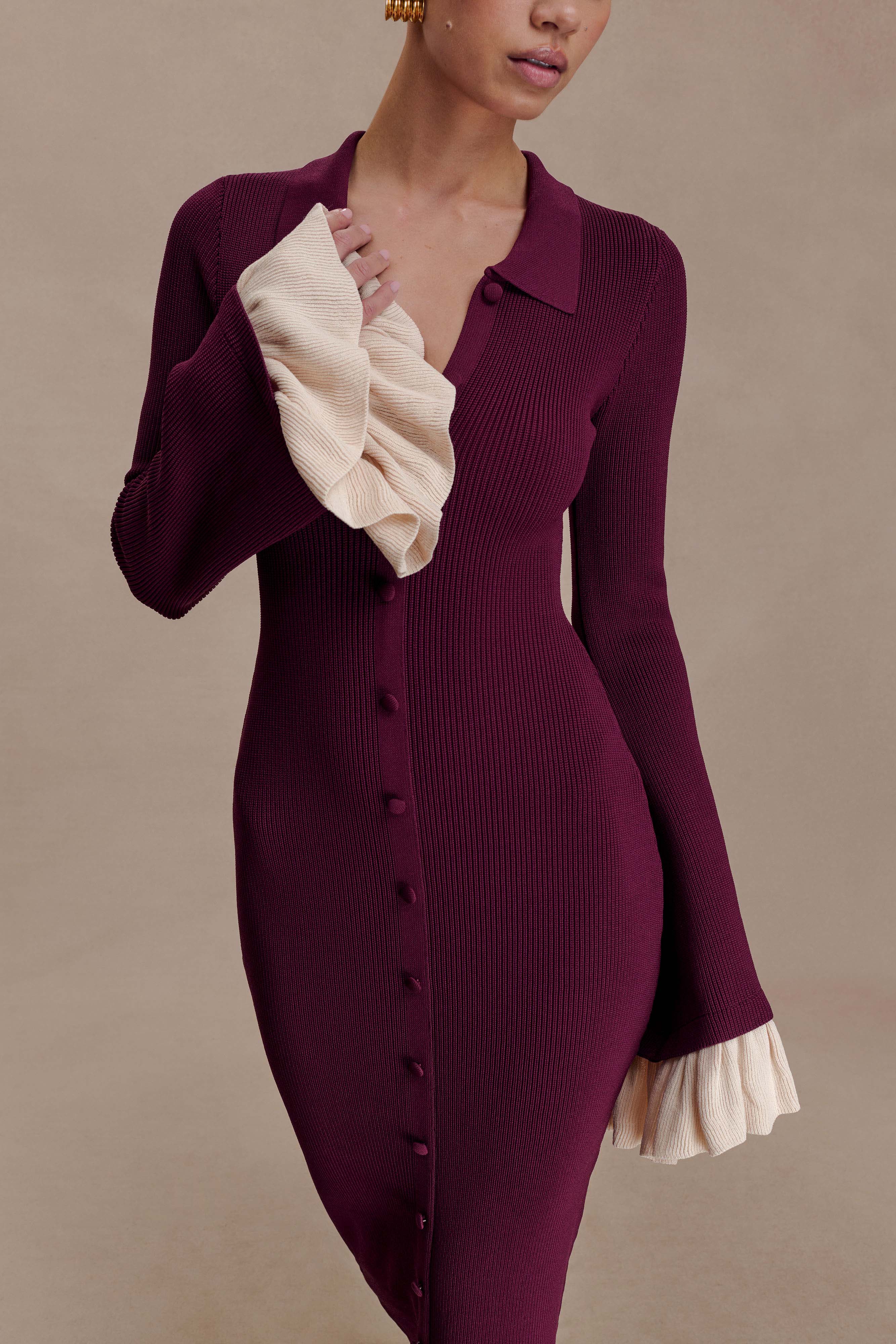 Amirose Ruffle Knit Midi Dress - Plum - Image 6