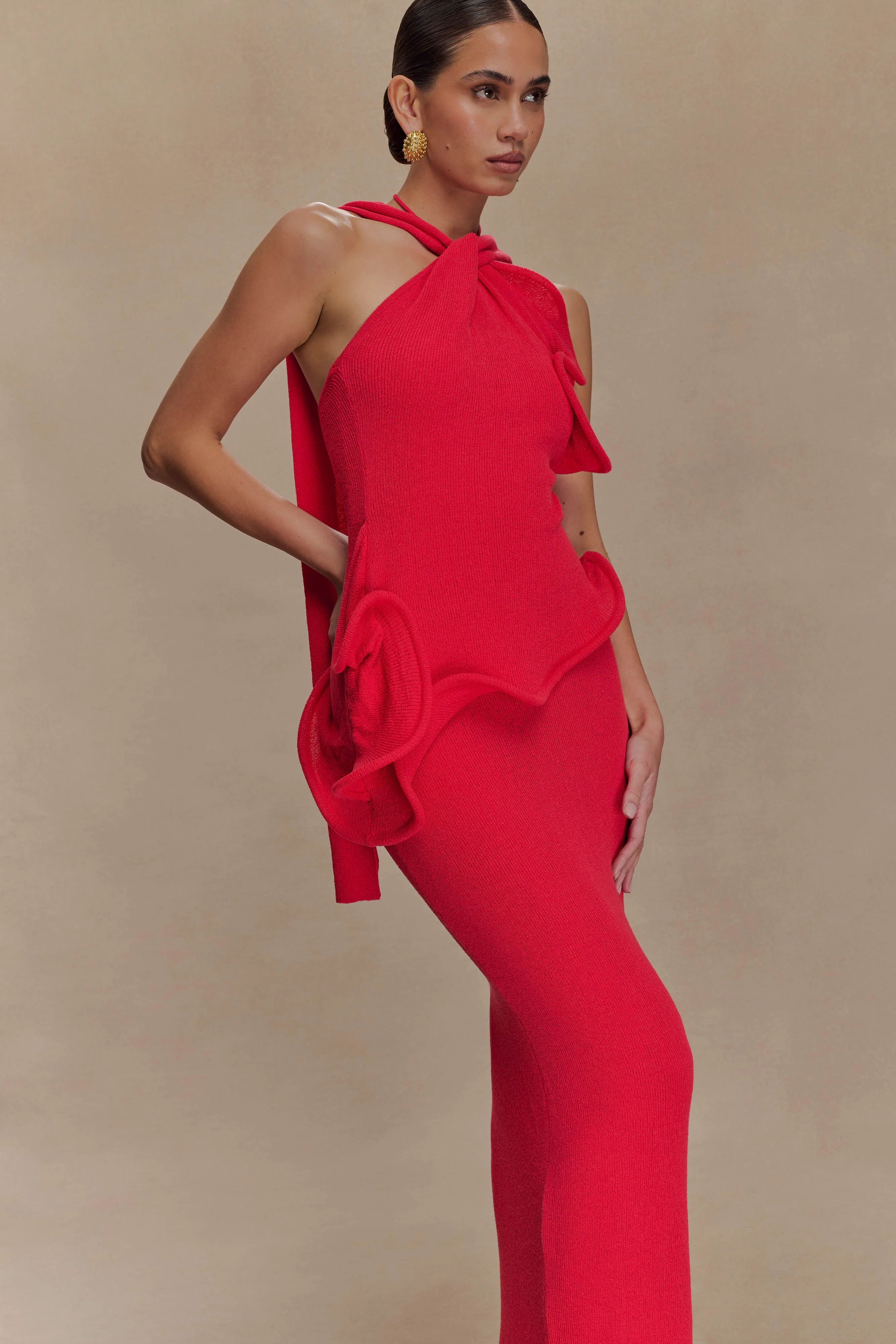 Caprice Halter Knit Maxi Dress - Red - Image 3