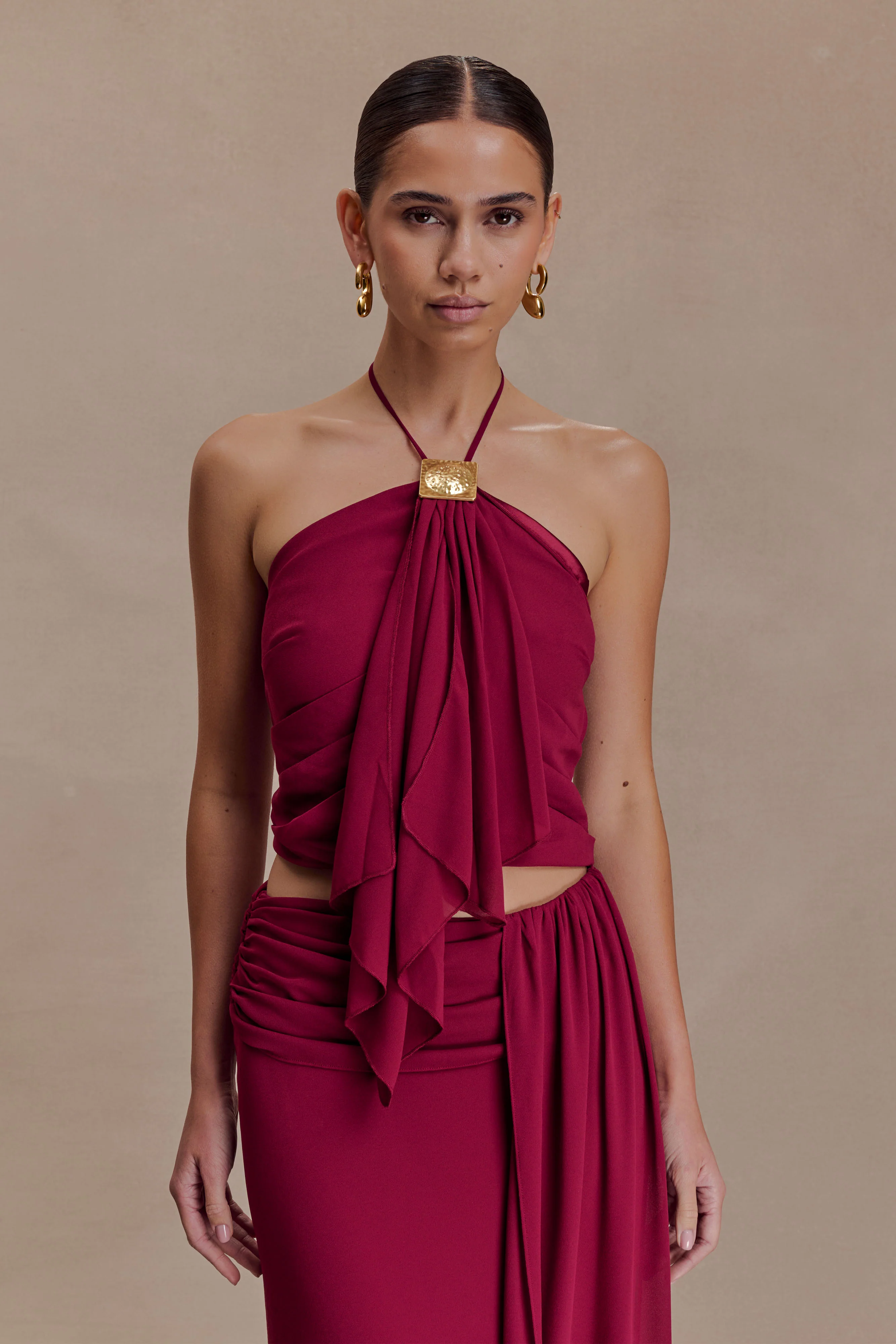 Celina Chiffon Halter Top With Hardware - Cherry Red