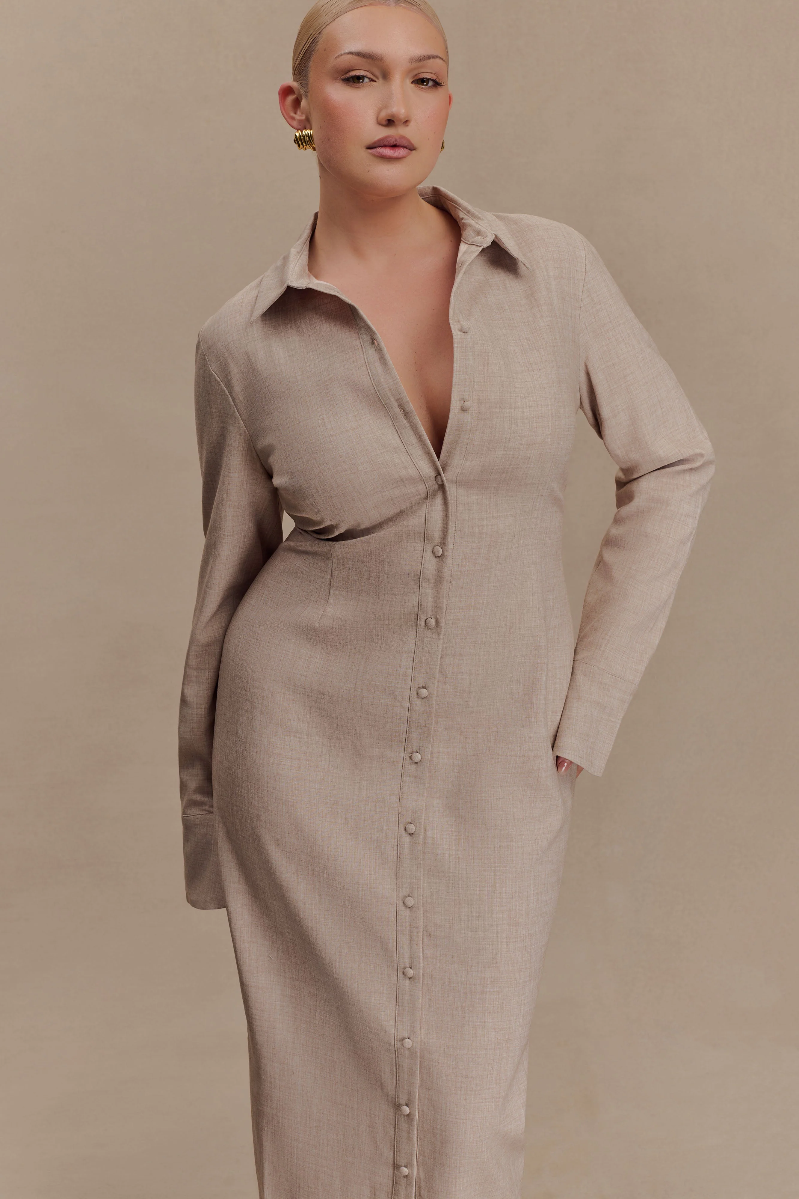 Dorian Fitted Shirt Midi Dress - Wheat Marle - Image 6