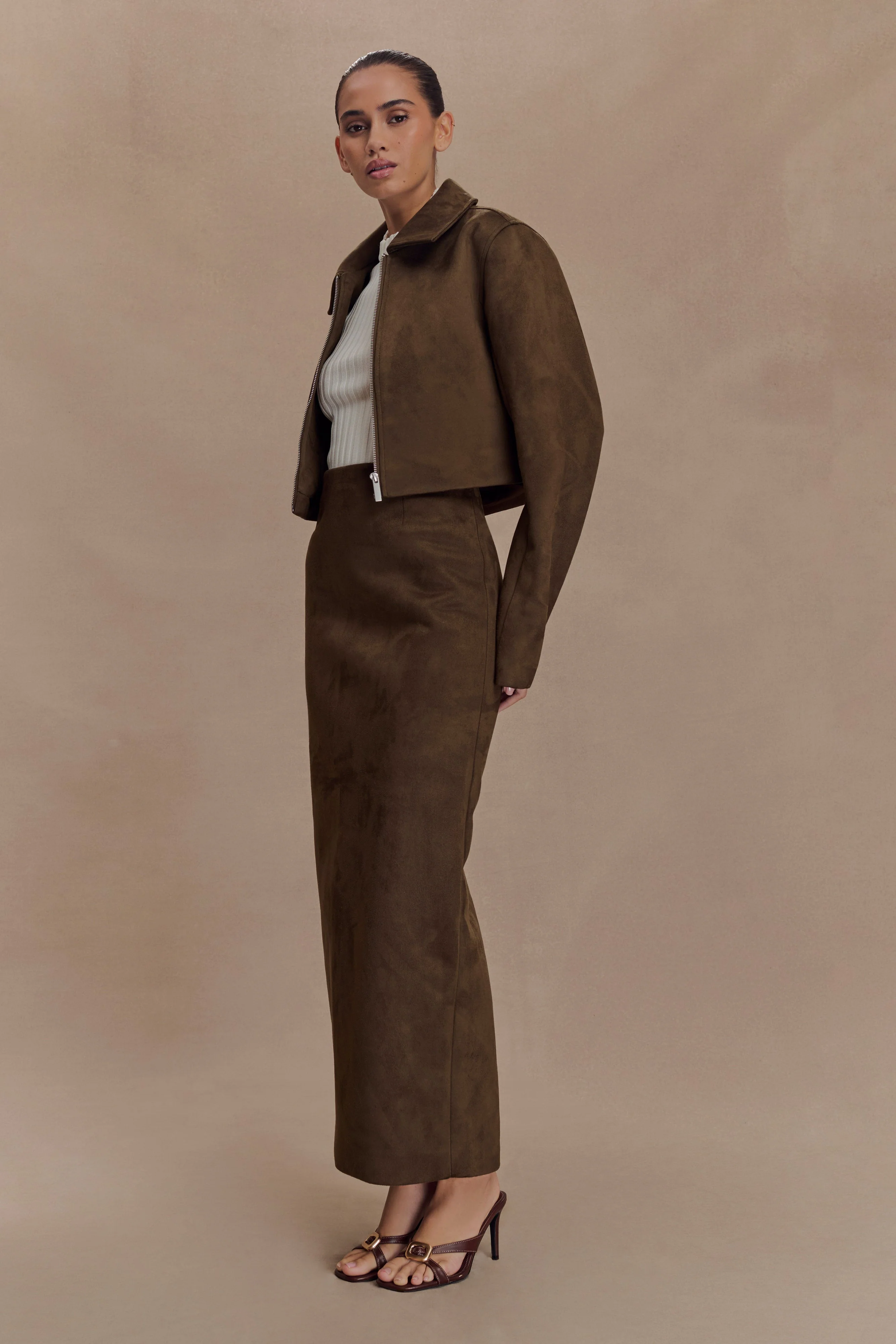 Hayes Faux Suede Midi Skirt - Chocolate - Image 4