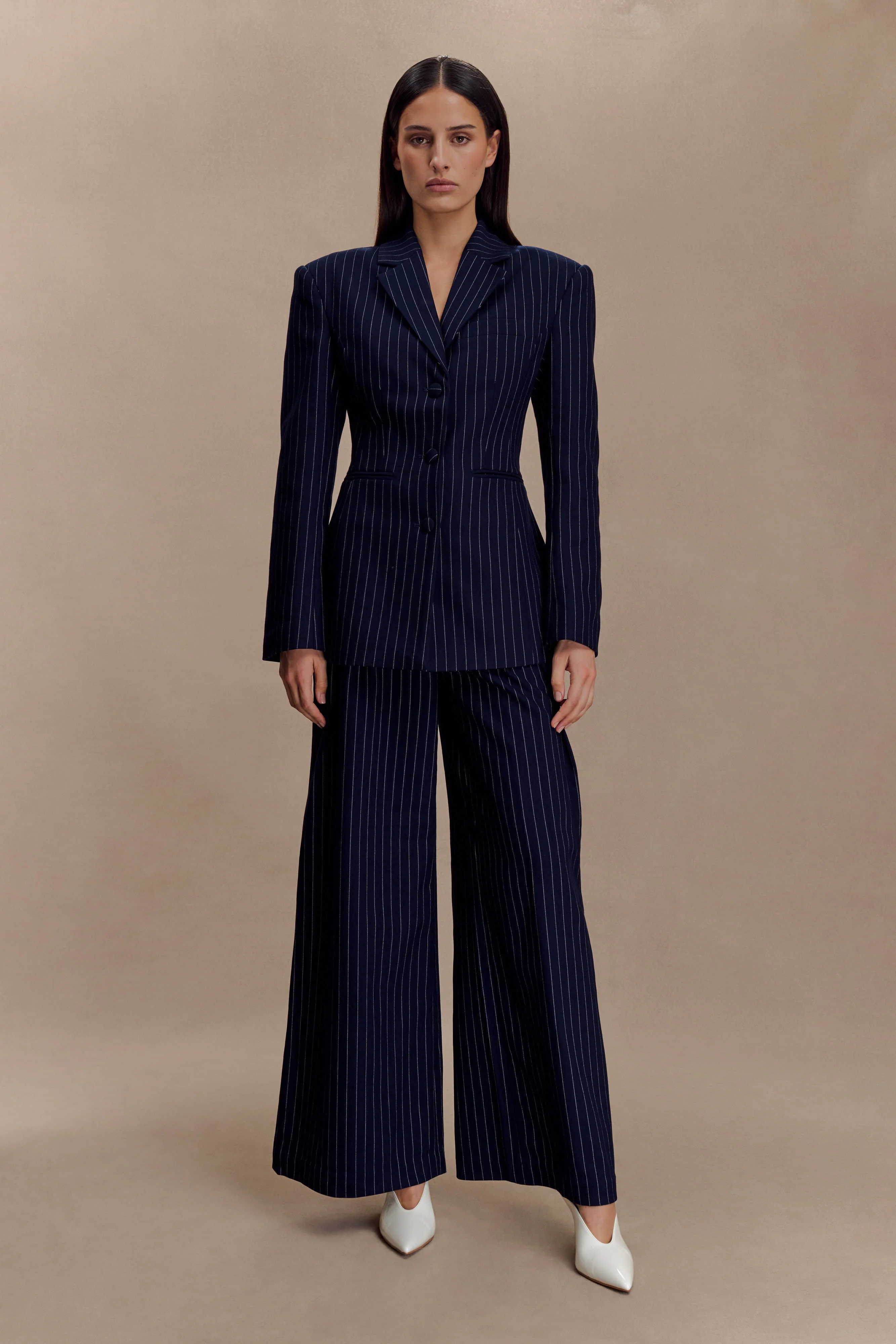 Jacqueline Pleated Wide Leg Pants - Navy Pinstripe - Image 2