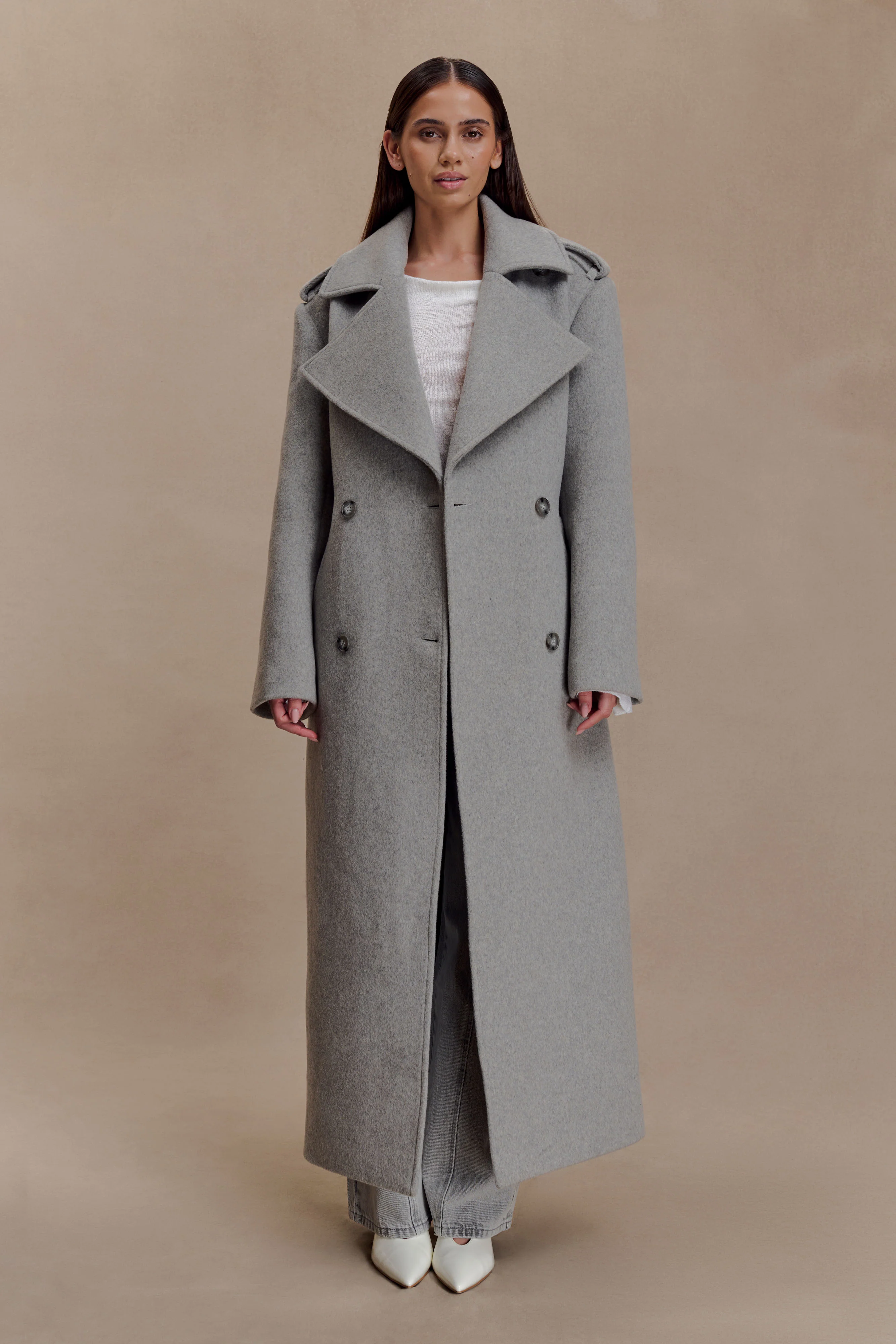 Levi Long Trench Wool Coat - Grey Marle - Image 2