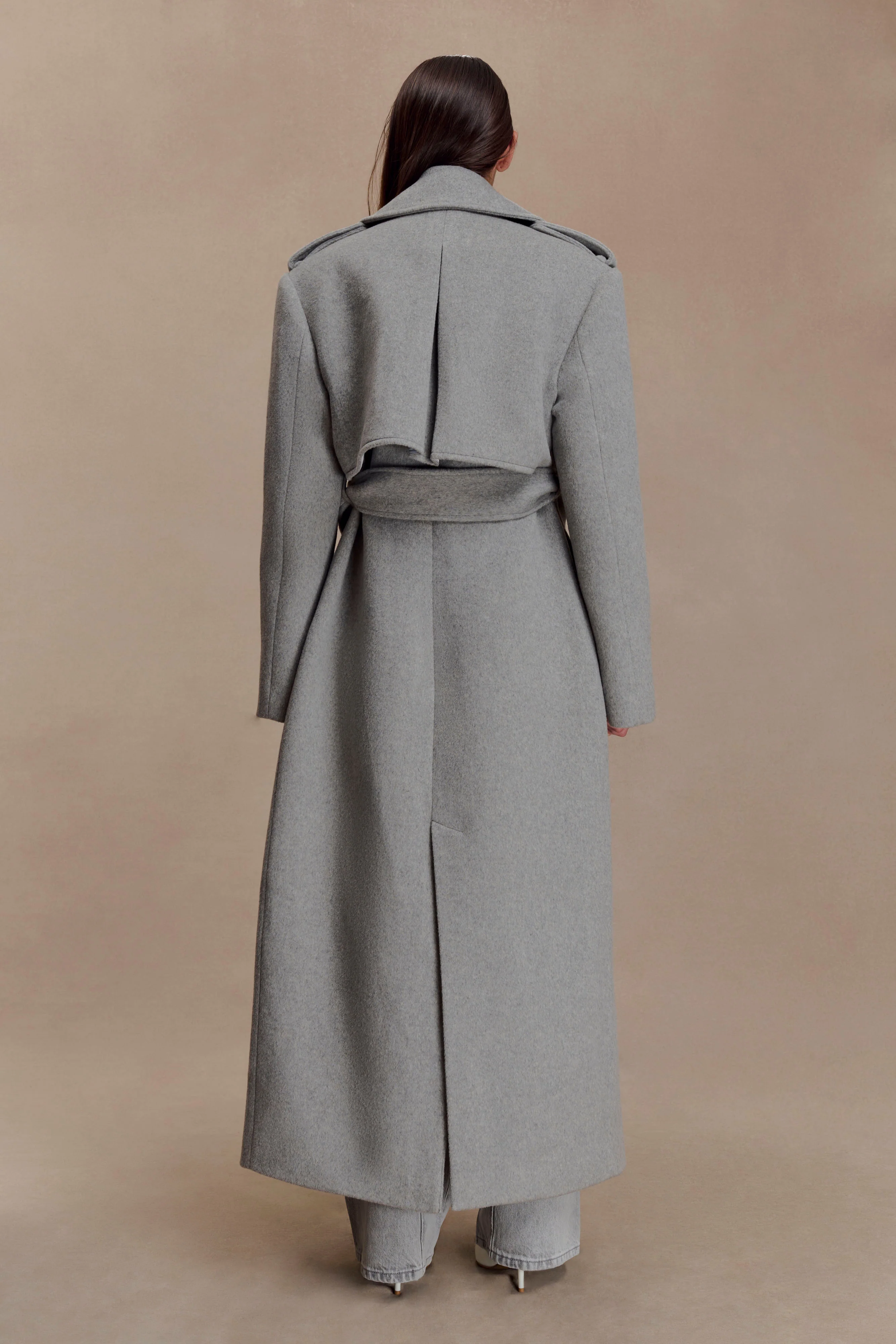 Levi Long Trench Wool Coat - Grey Marle - Image 3