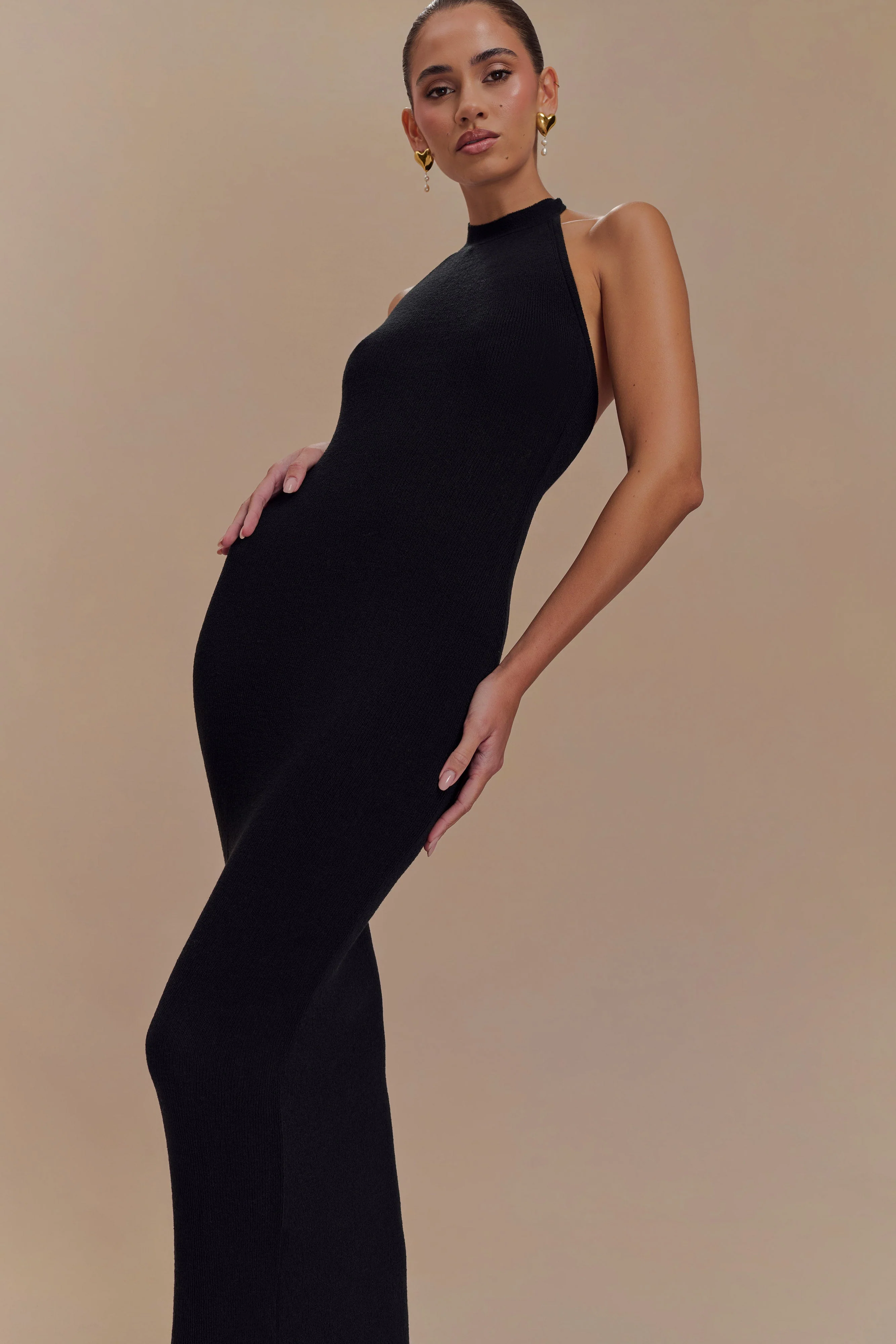 Melodie Halter Knit Maxi Dress - Black/White - Image 3