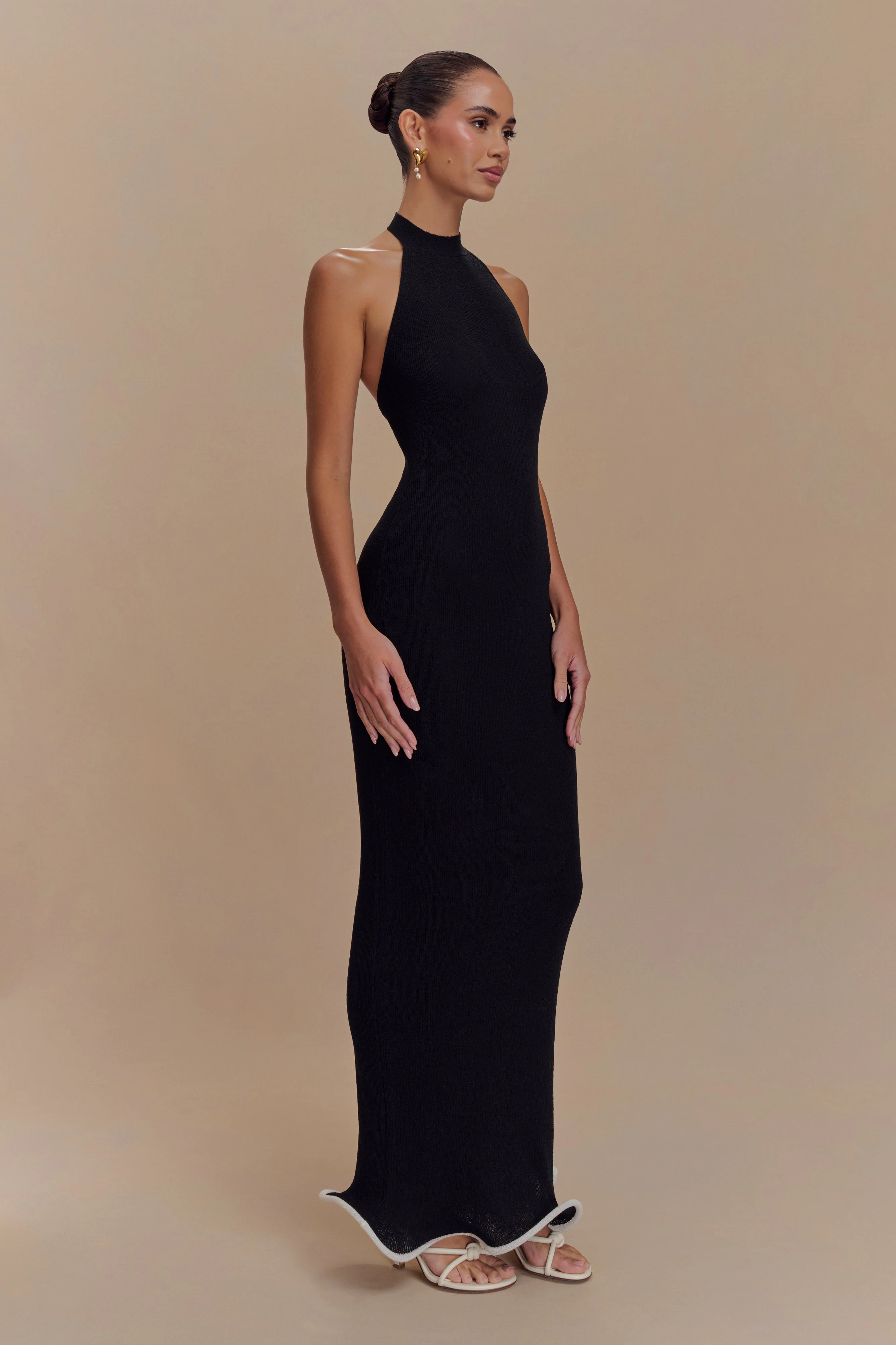 Melodie Halter Knit Maxi Dress - Black/White - Image 4