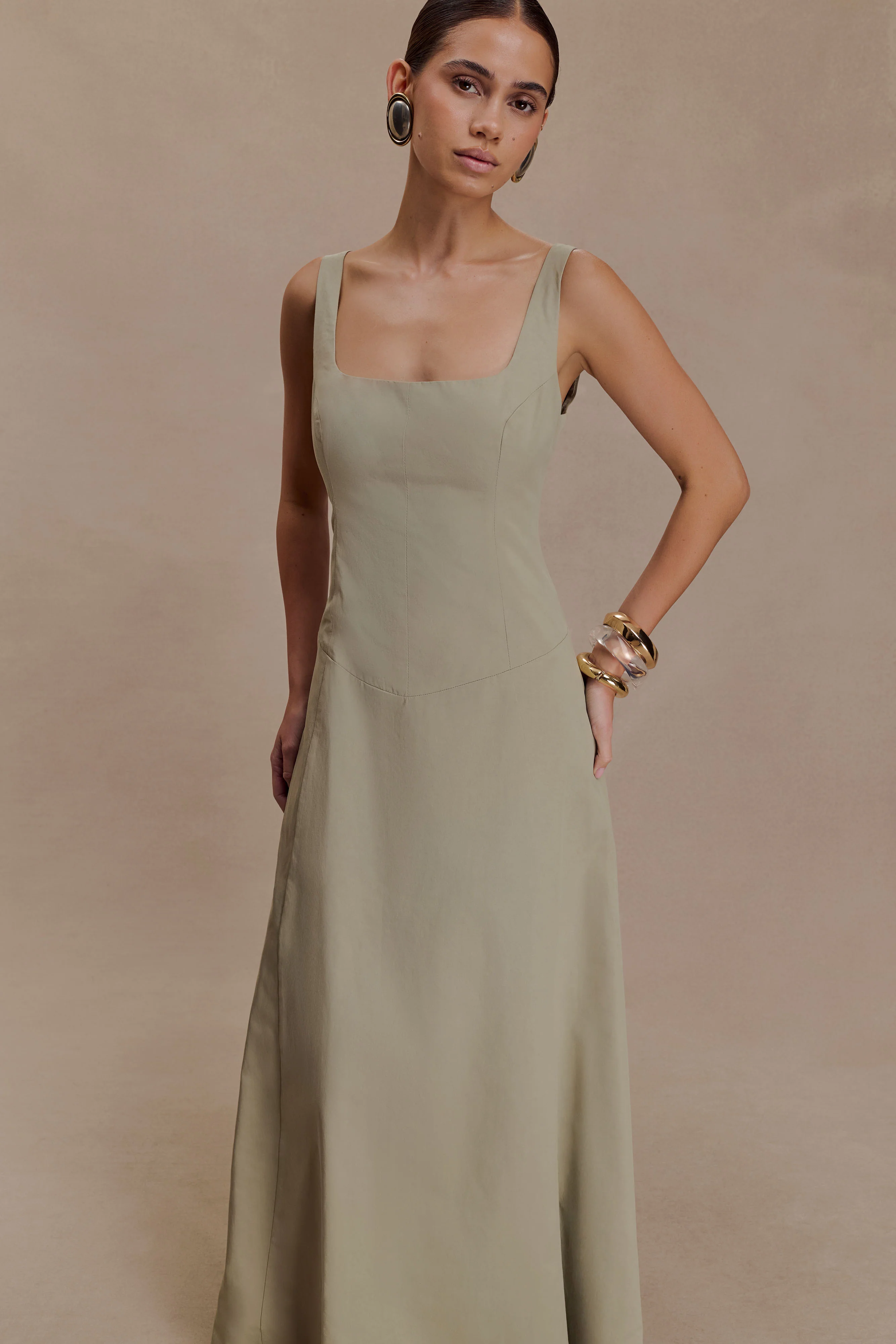 Salma Drop Waist Cotton Maxi Dress - Sage - Image 5