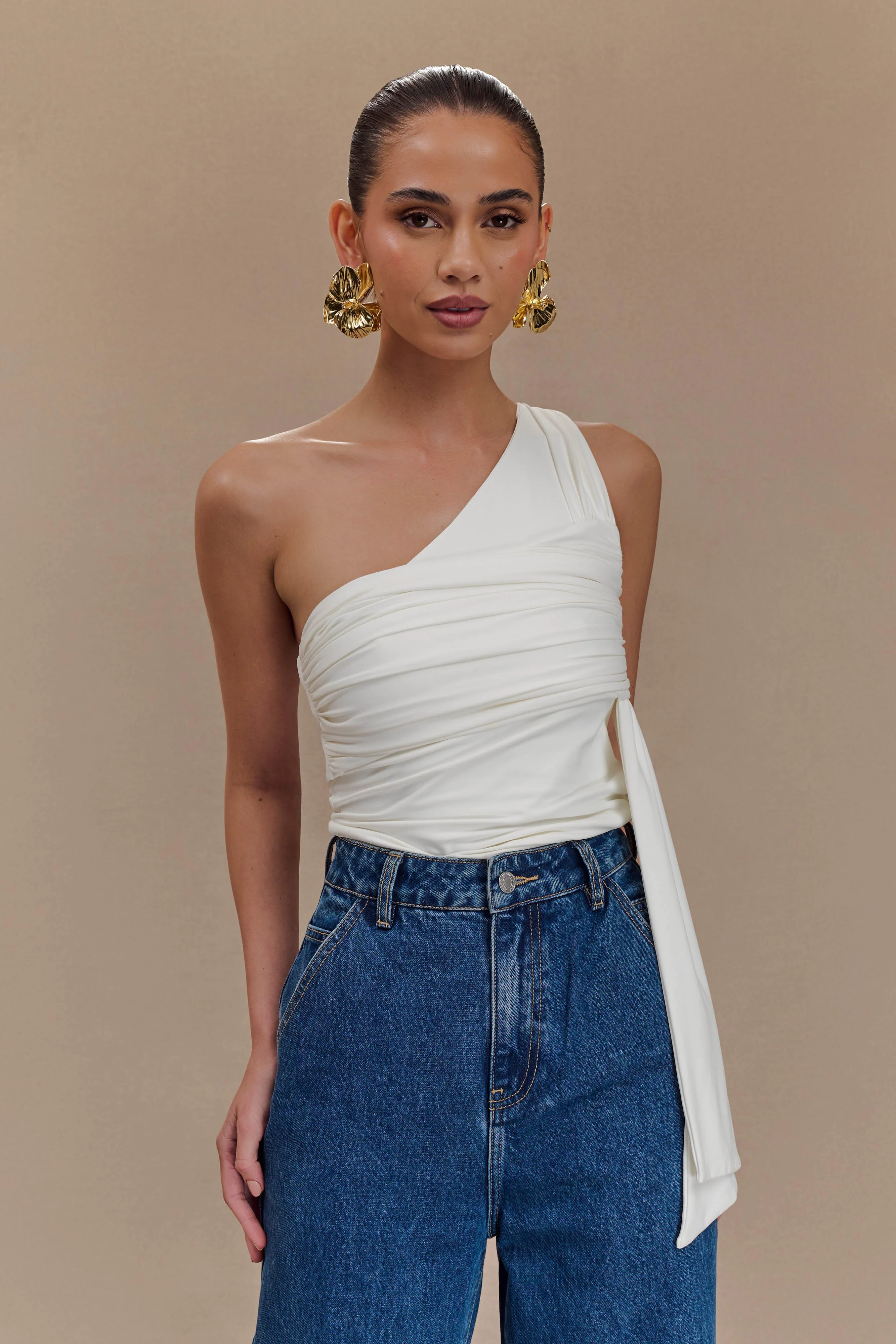 Sera One Shoulder Recycled Nylon Top With Drape - Ivory - Image 3