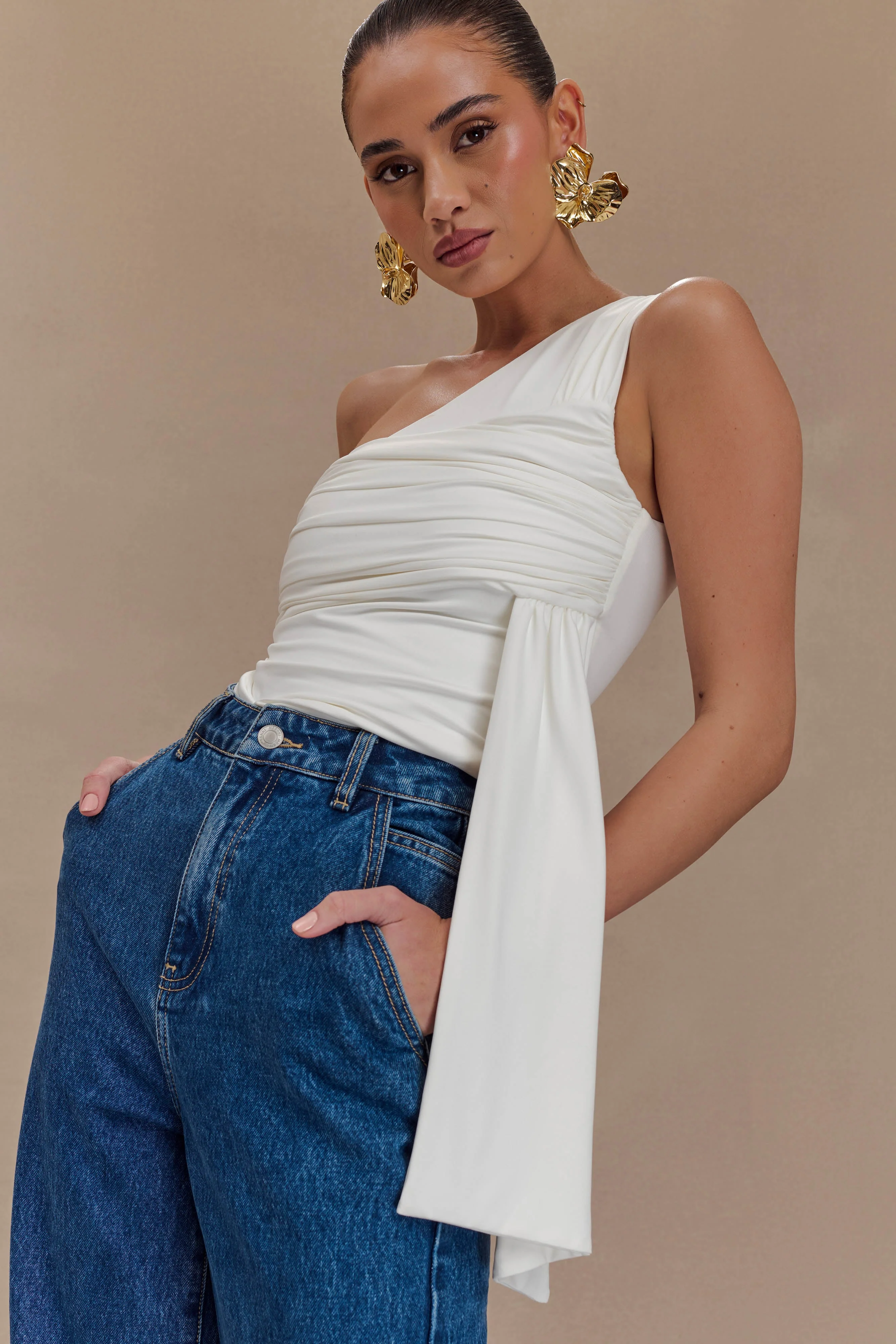 Sera One Shoulder Recycled Nylon Top With Drape - Ivory - Image 5